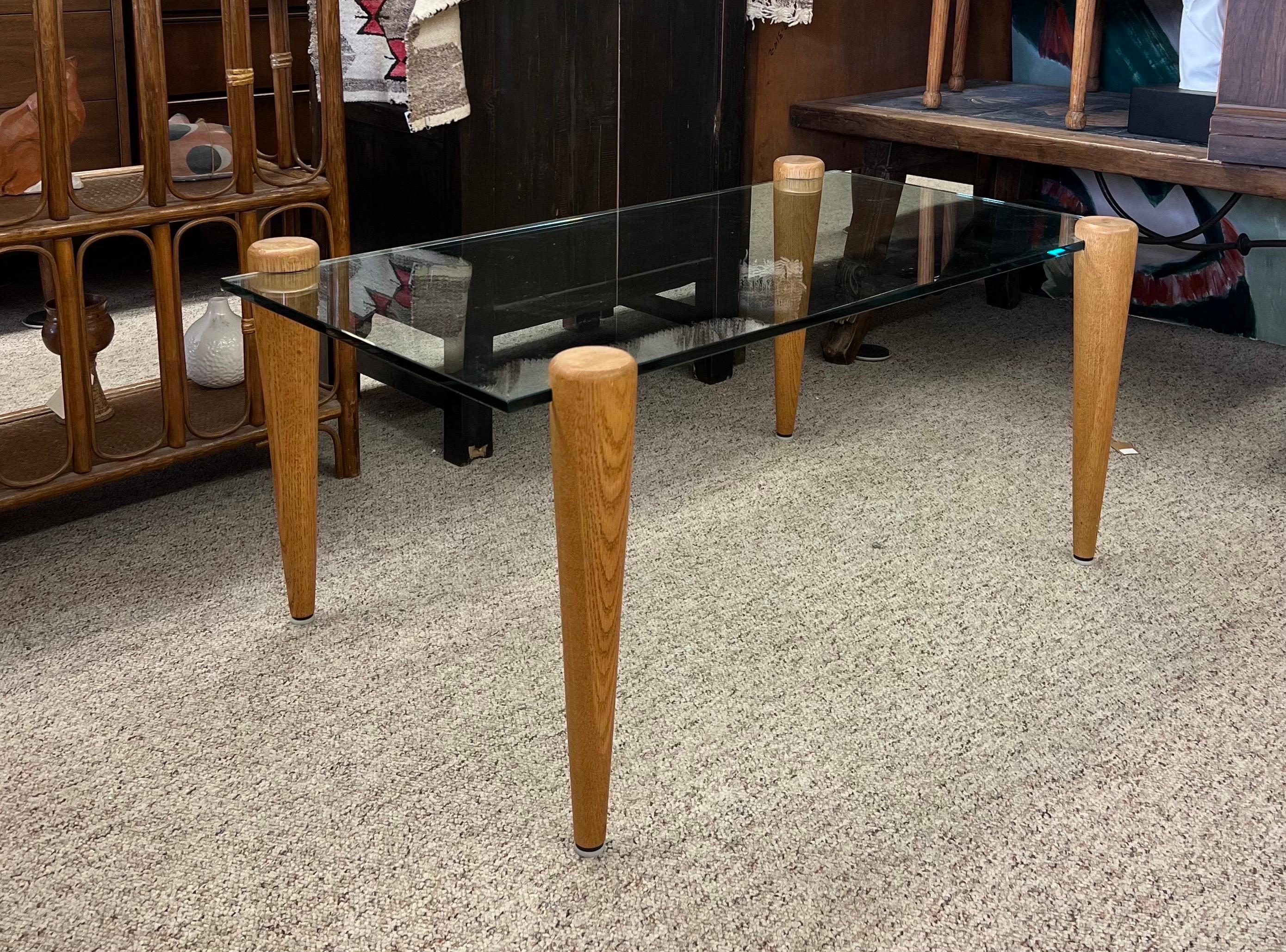 Vintage Mid-Century Modern Coffee Table with Glass Top Solid Wood Legs In Good Condition For Sale In Seattle, WA