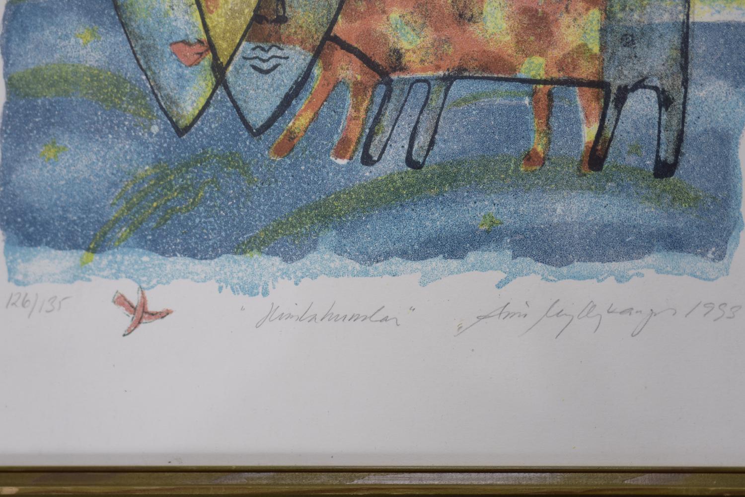 Mid-Century Modern Lithographie vintage moderne du milieu du siècle dernier « Le ciel et le chien » en couleur par Aino Myllykangas en vente