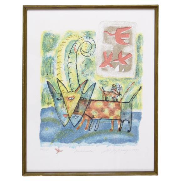 Vintage Mid-Century Modern Color Lithograph Heaven the Dog by Aino Myllykangas