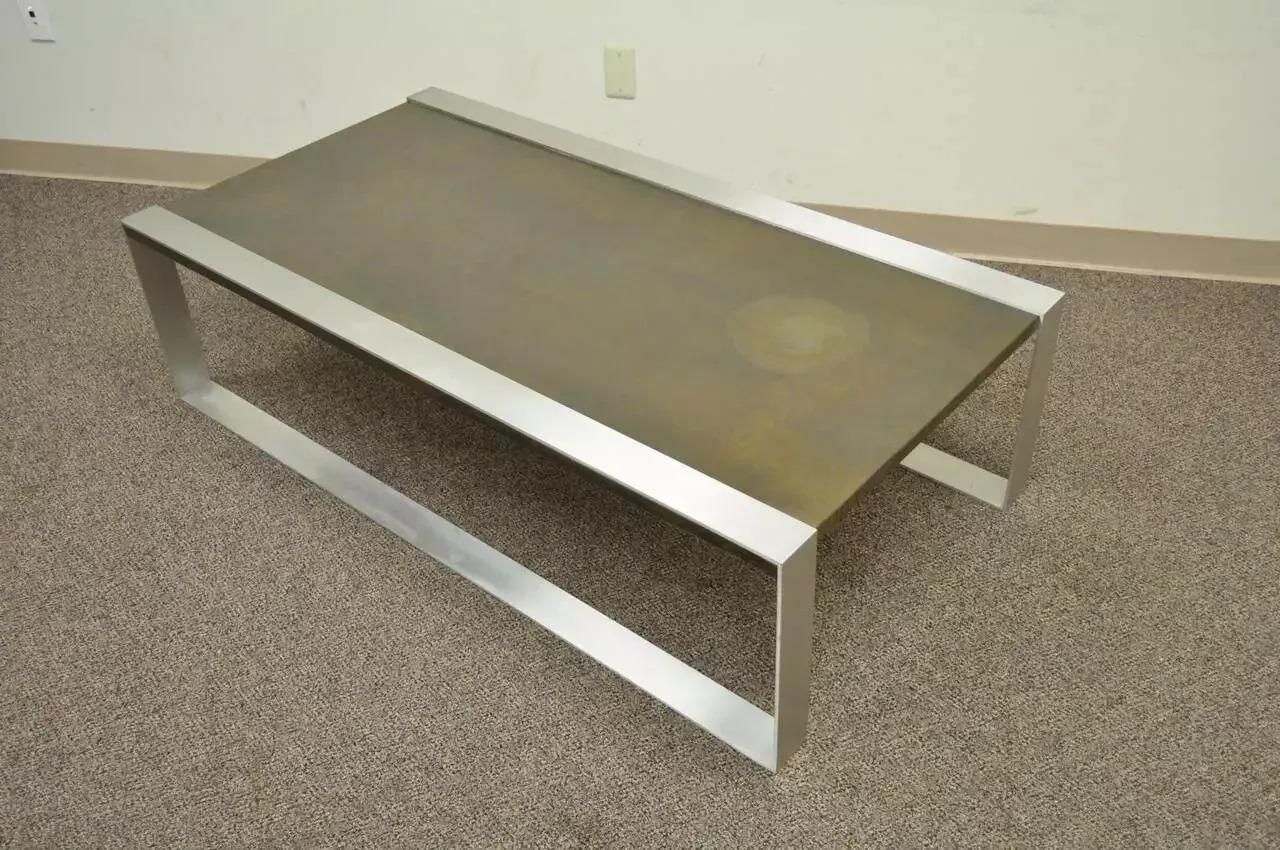 Vintage Mid Century Modern Copper and Brushed Steel Coffee Table For Sale 3