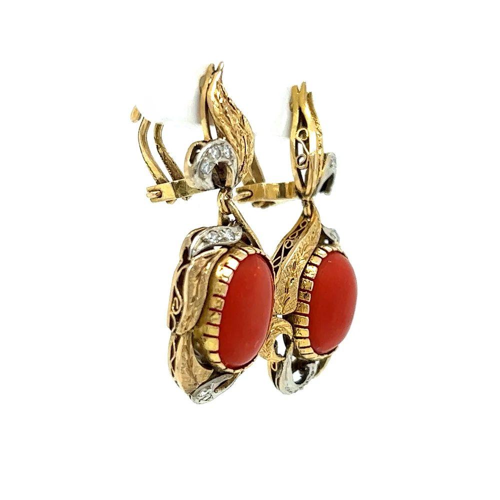 Simply Beautiful! Finely detailed Vintage Red Coral and Diamond Gold Drop French Clip Earrings. Hand set with awesome cabochon Red Corals, weighing approx. 6tcw and enhanced with Diamonds, weighing approx. 0.14tcw. Exquisitely Hand crafted in 16K