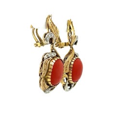 Vintage Mid Century Modern Coral and Diamond Gold Drop Earrings