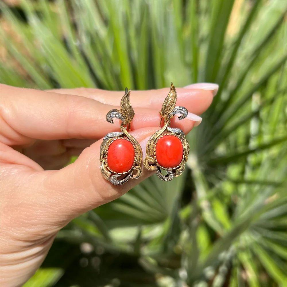Modernist Vintage Mid Century Modern Coral and Diamond Gold Drop Earrings For Sale
