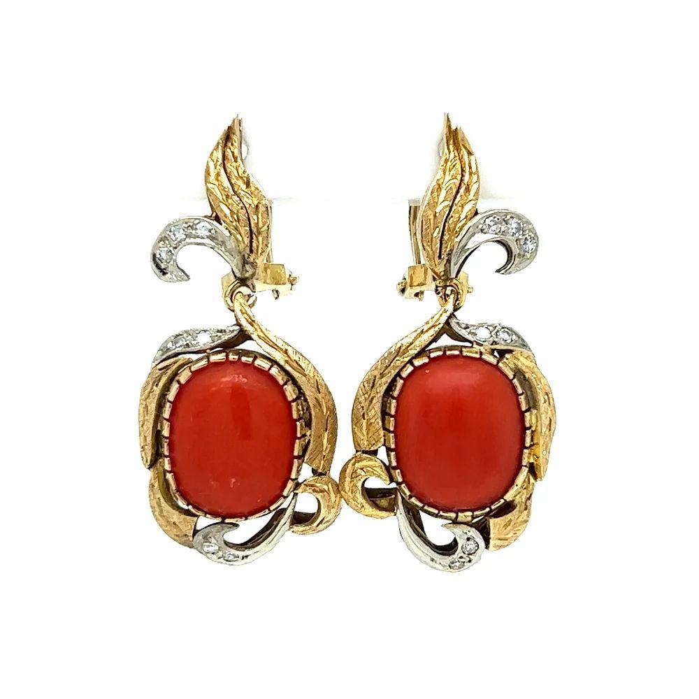Round Cut Vintage Mid Century Modern Coral and Diamond Gold Drop Earrings For Sale