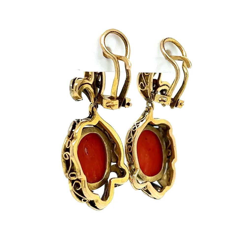 Women's Vintage Mid Century Modern Coral and Diamond Gold Drop Earrings For Sale