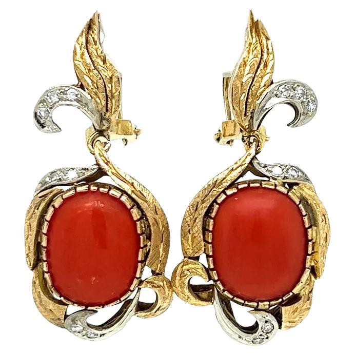 Vintage Mid Century Modern Coral and Diamond Gold Drop Earrings For Sale