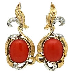 Retro Mid Century Modern Coral and Diamond Gold Drop Earrings