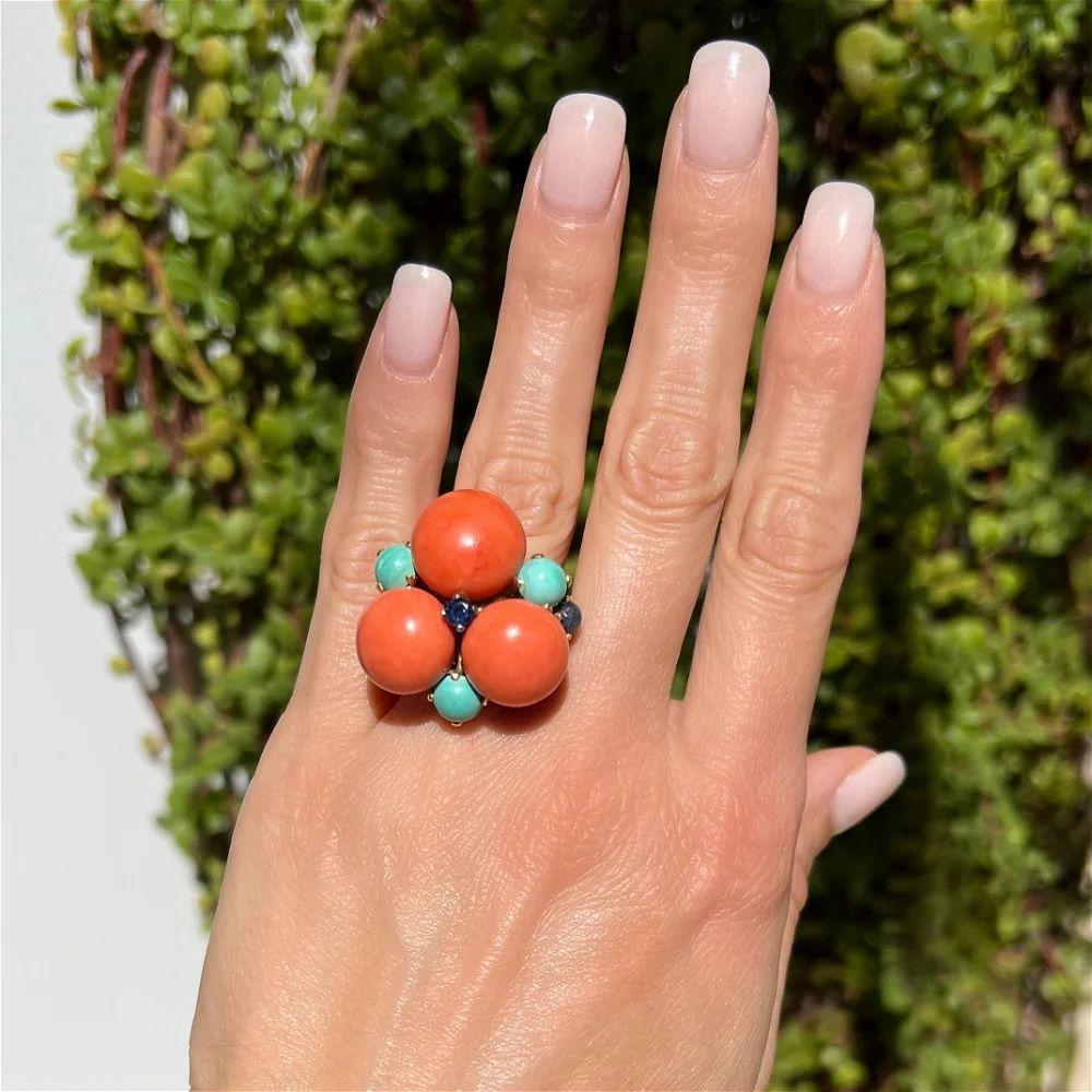 Modernist Vintage Mid Century Modern Coral Turquoise and Sapphire Gold Cluster Ring For Sale