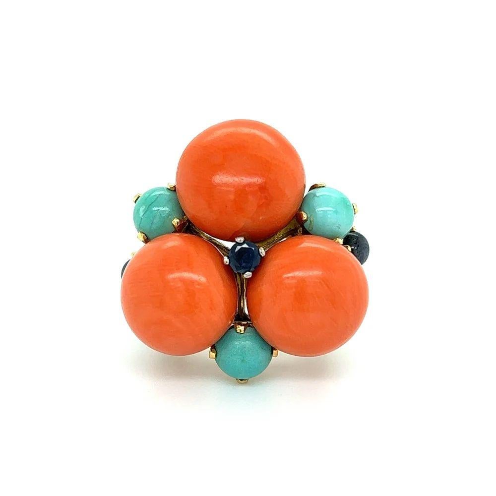 Mixed Cut Vintage Mid Century Modern Coral Turquoise and Sapphire Gold Cluster Ring For Sale