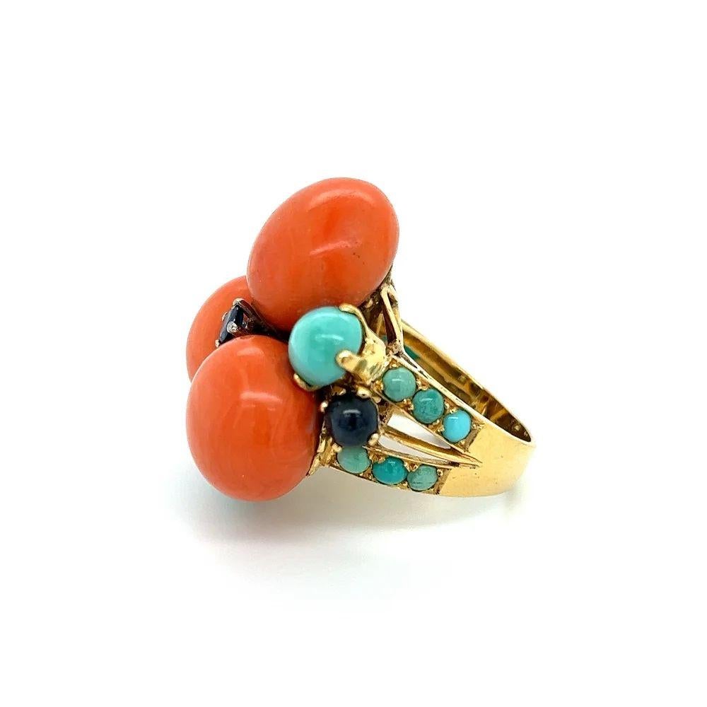 Women's Vintage Mid Century Modern Coral Turquoise and Sapphire Gold Cluster Ring For Sale
