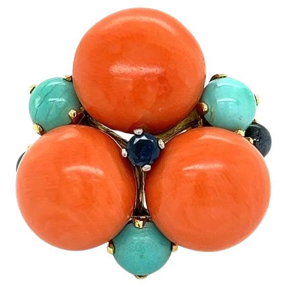 Vintage Mid Century Modern Coral Turquoise and Sapphire Gold Cluster Ring For Sale