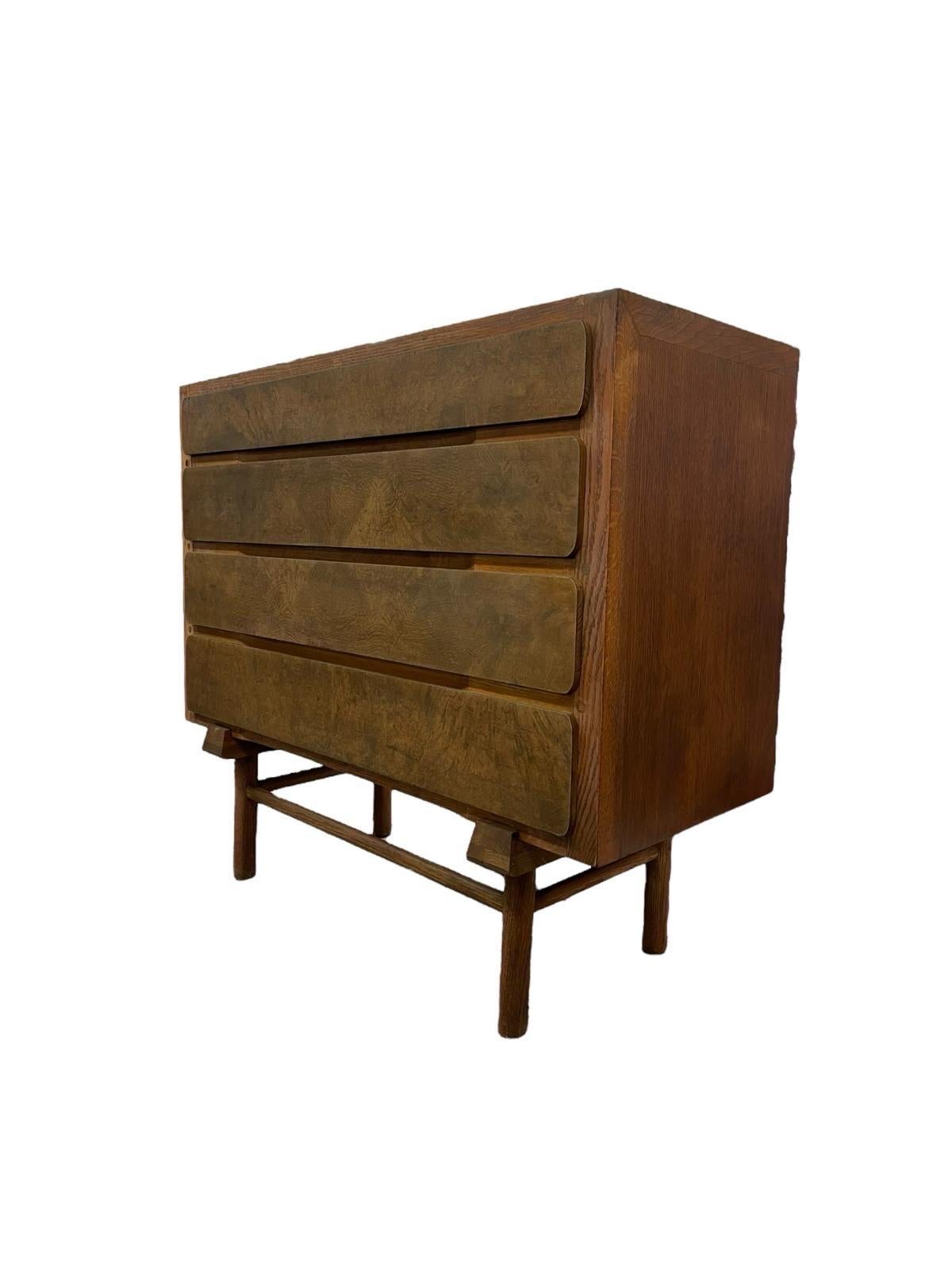 Late 20th Century Vintage Mid Century Modern Custom Made Oak Dresser With Burl Accent. For Sale