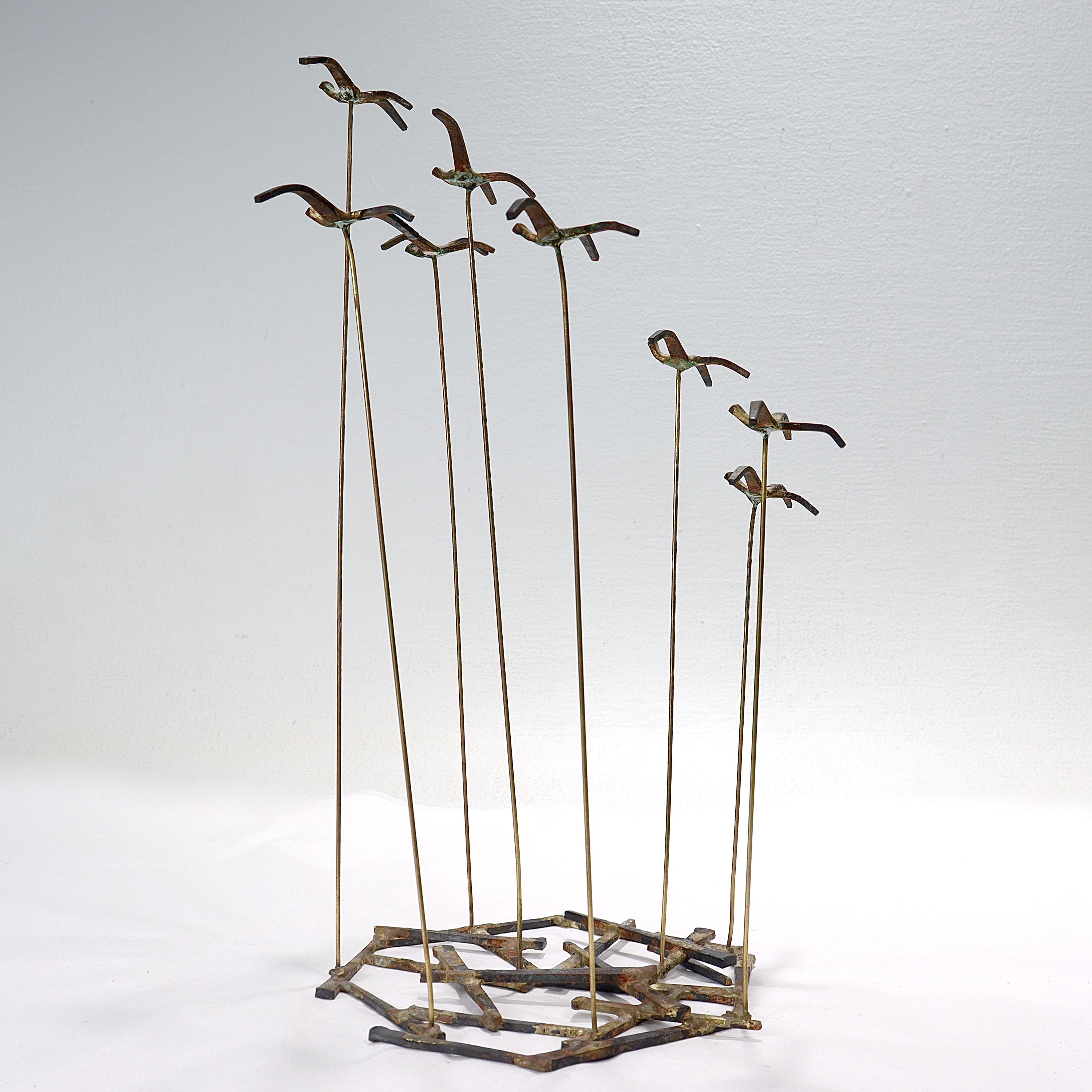 A fine Mid-Century Modern metal sculpture.

Depicting 8 birds in flight.

Constructed of cut square steel.

In the style of Curtis Jere.

Simply a great Mid-Century Modern sculpture!

Date:
Mid-20th Century

Overall Condition:
It is in overall good,
