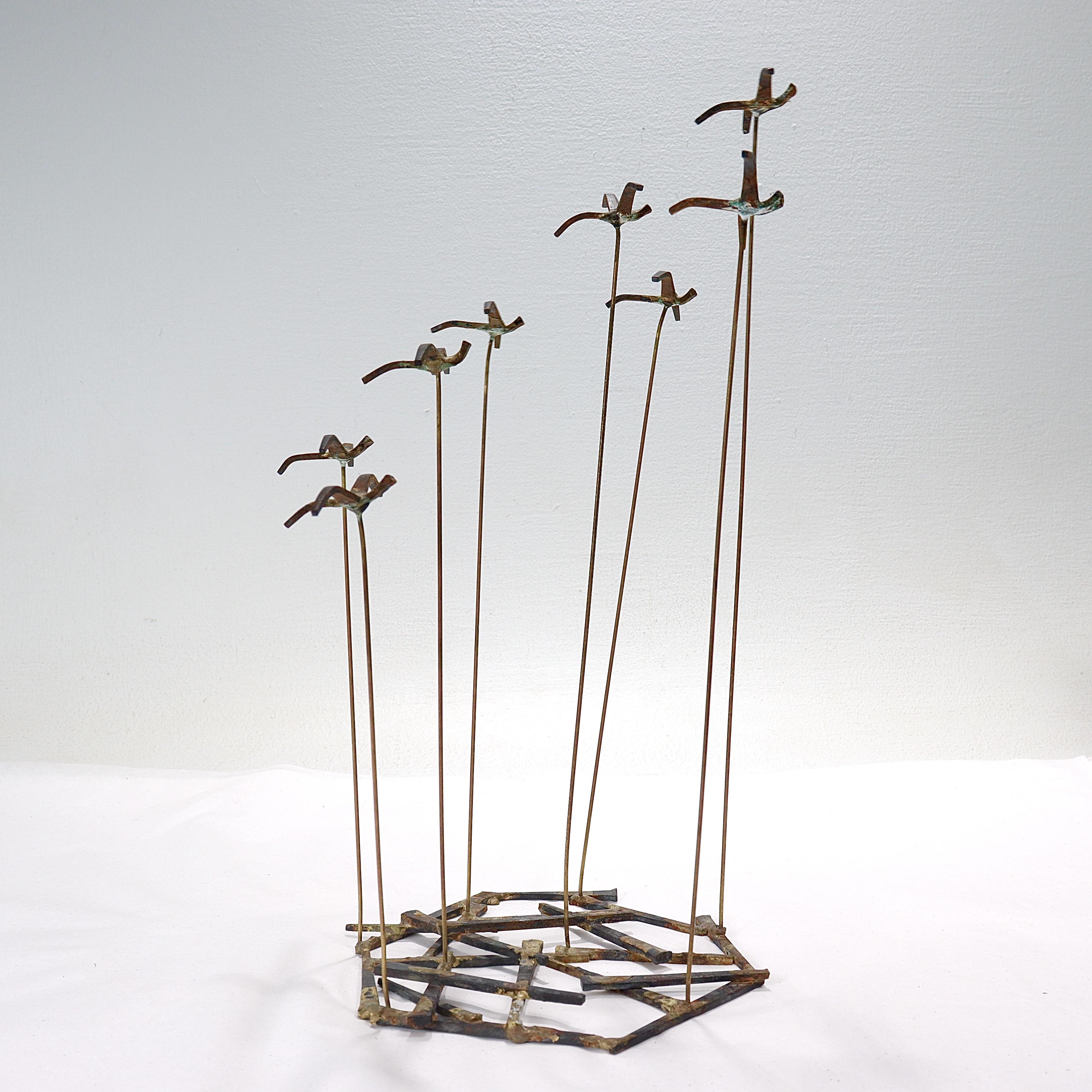 Vintage Mid-Century Modern Cut Square Nail Curtis Jere Style Birds Sculpture  In Good Condition For Sale In Philadelphia, PA
