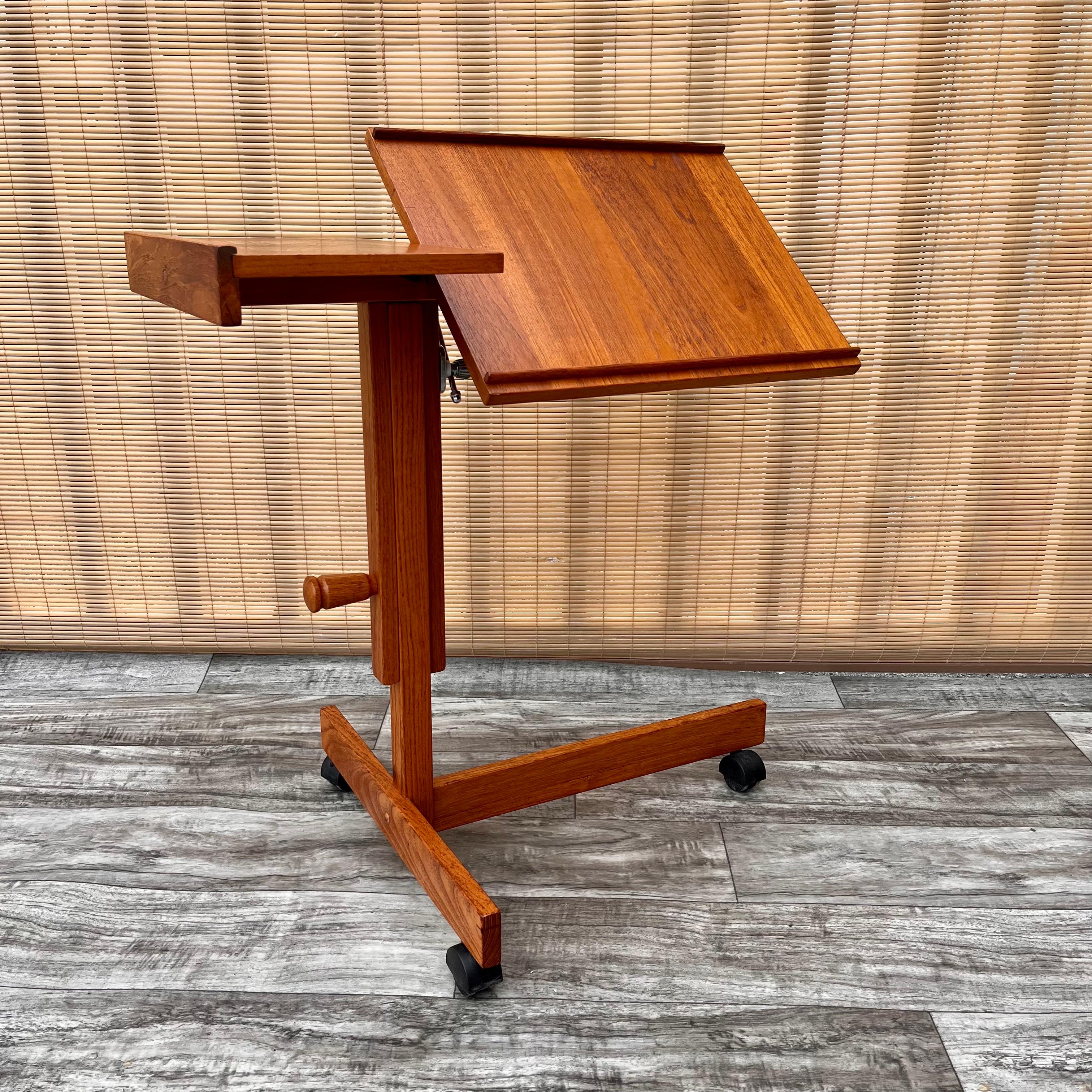 Teak Vintage Mid-Century Modern Danish Adjustable Rolling Tray Table / Cart