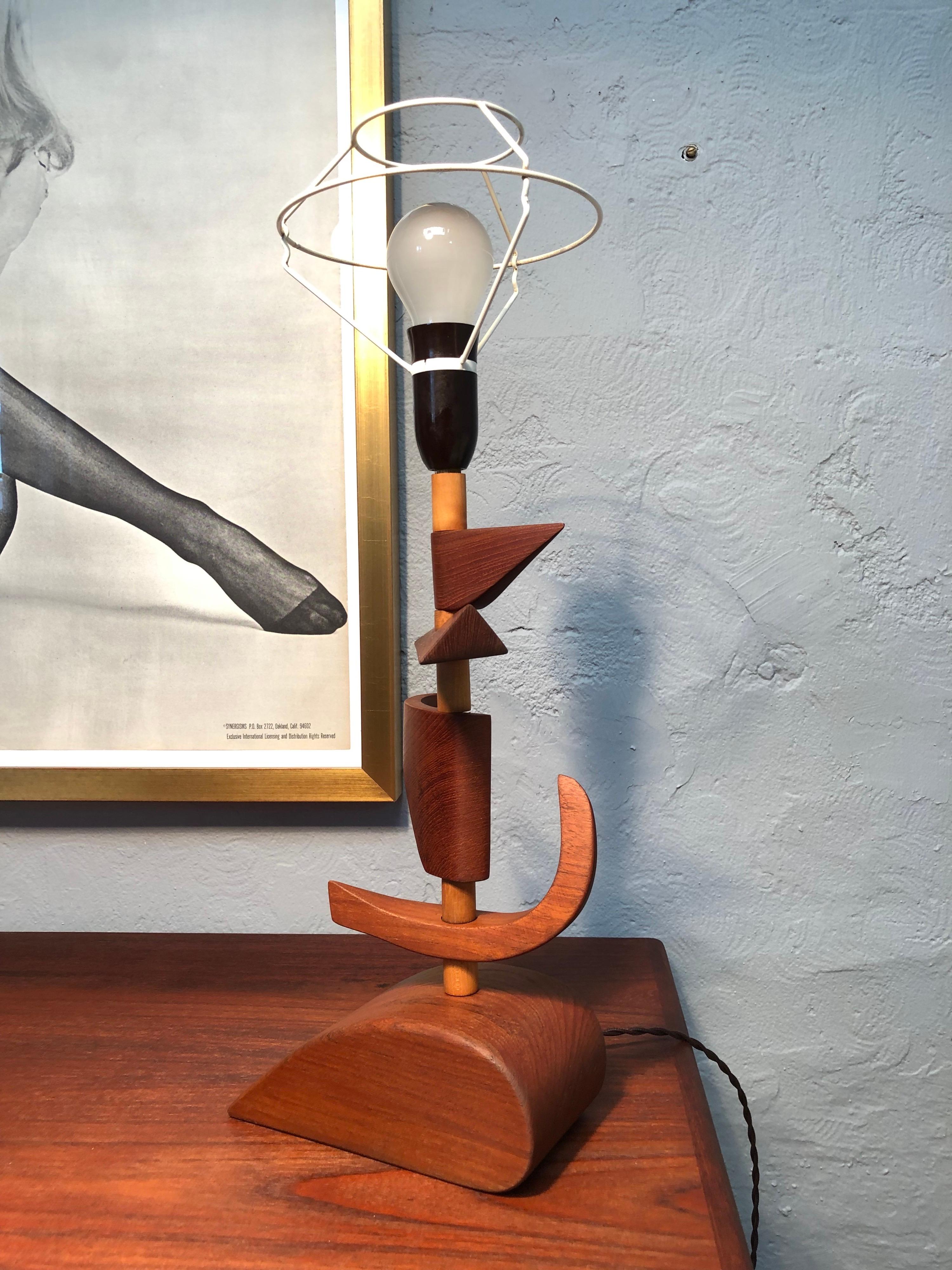 Vintage Mid Century Modern Danish Artisan Prototype Teak Table Lamp For Sale 9