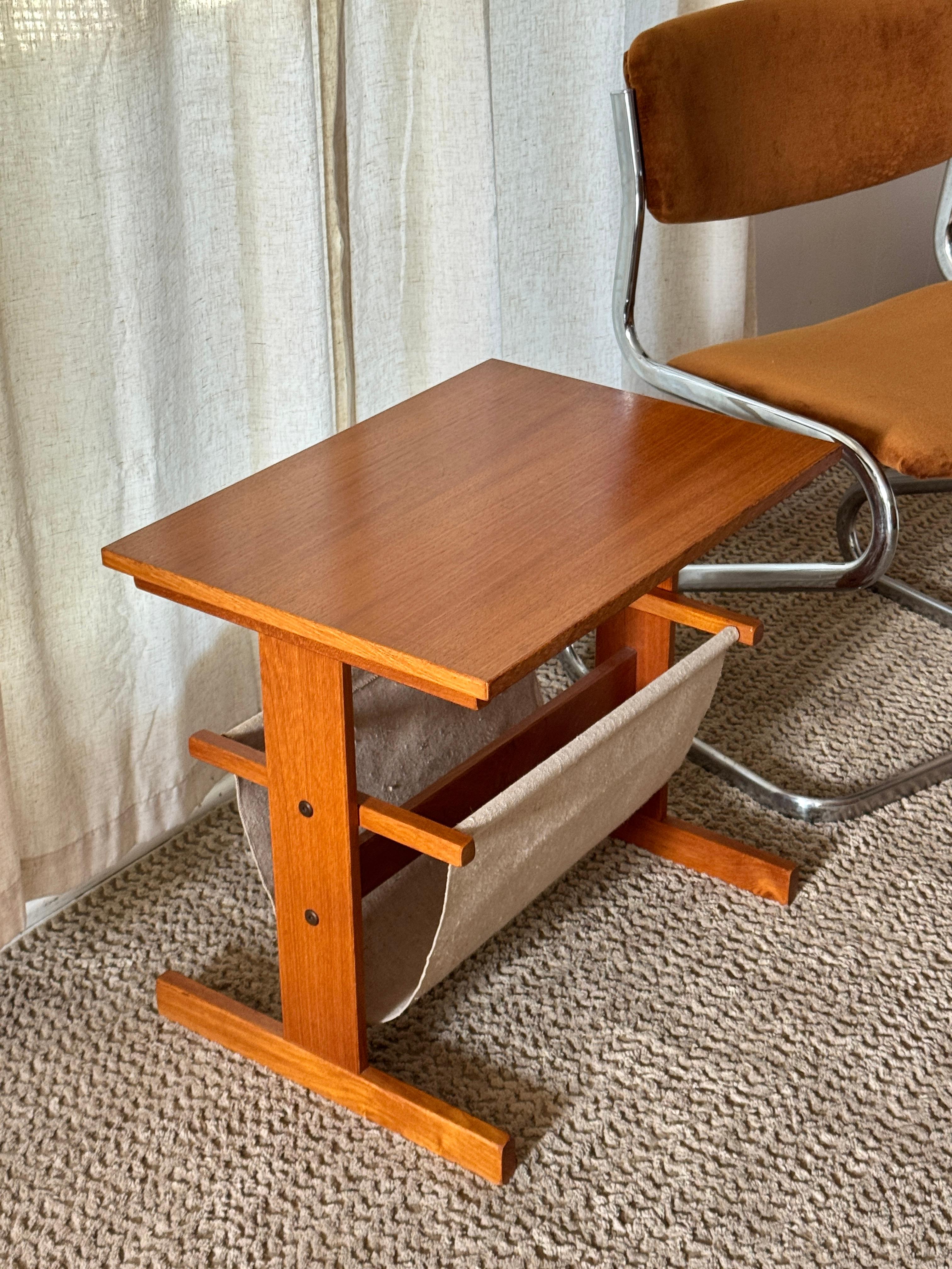 Vintage mid century modern Danish magazine table made of teak and canvas, circa 1970s. Maker is PBJ Mobler. In very good original condition. 

19.5” H x 22” W x 15.5” D
