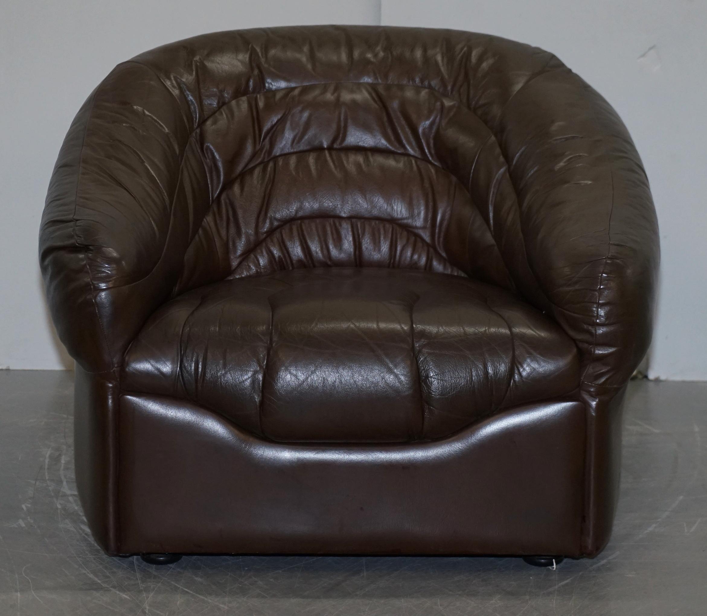 Vintage Mid-Century Modern Danish Style Brown Leather Sofa & Armchair Suite 6