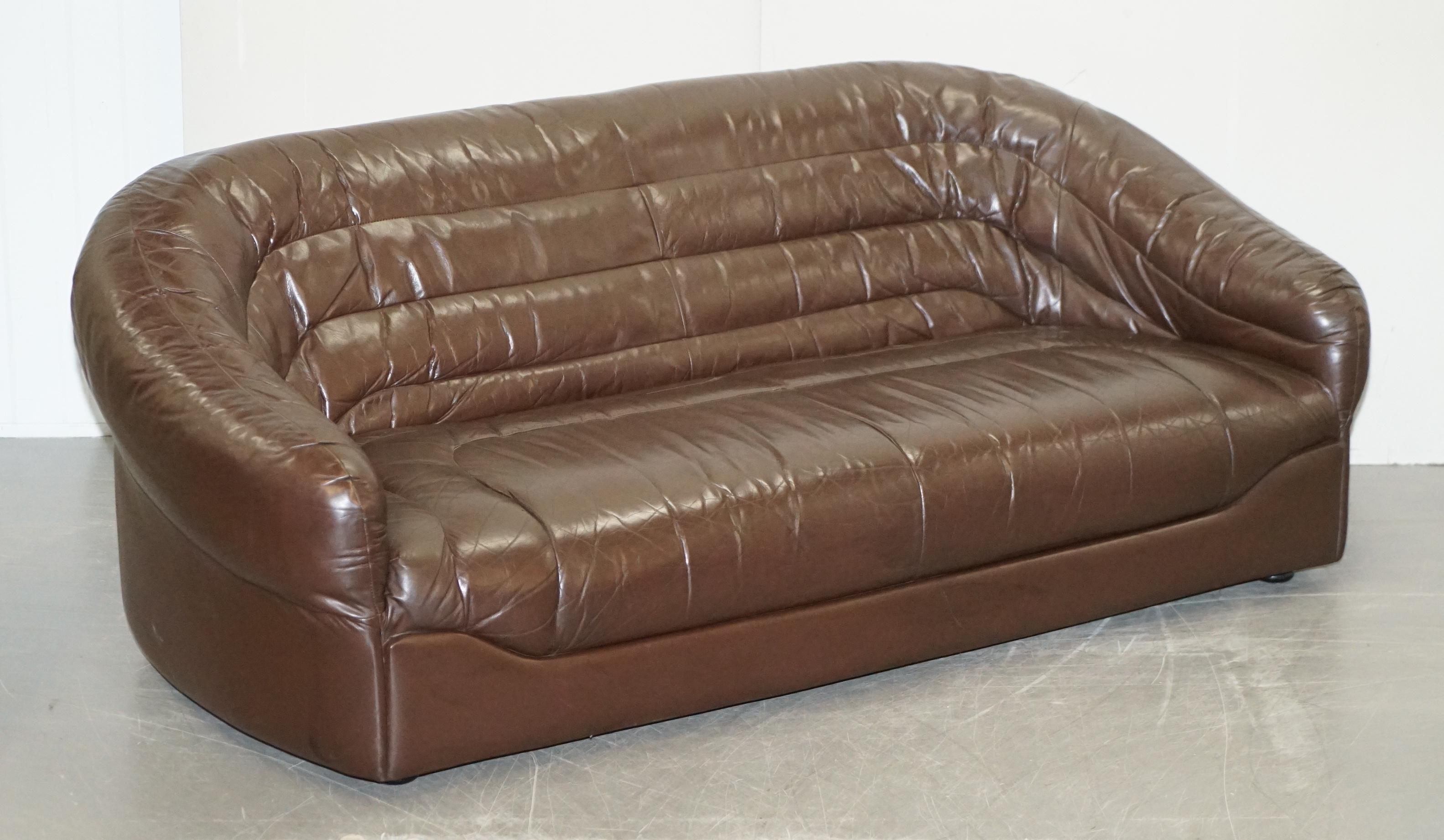 Vintage Mid-Century Modern Danish Style Brown Leather Sofa & Armchair Suite 10