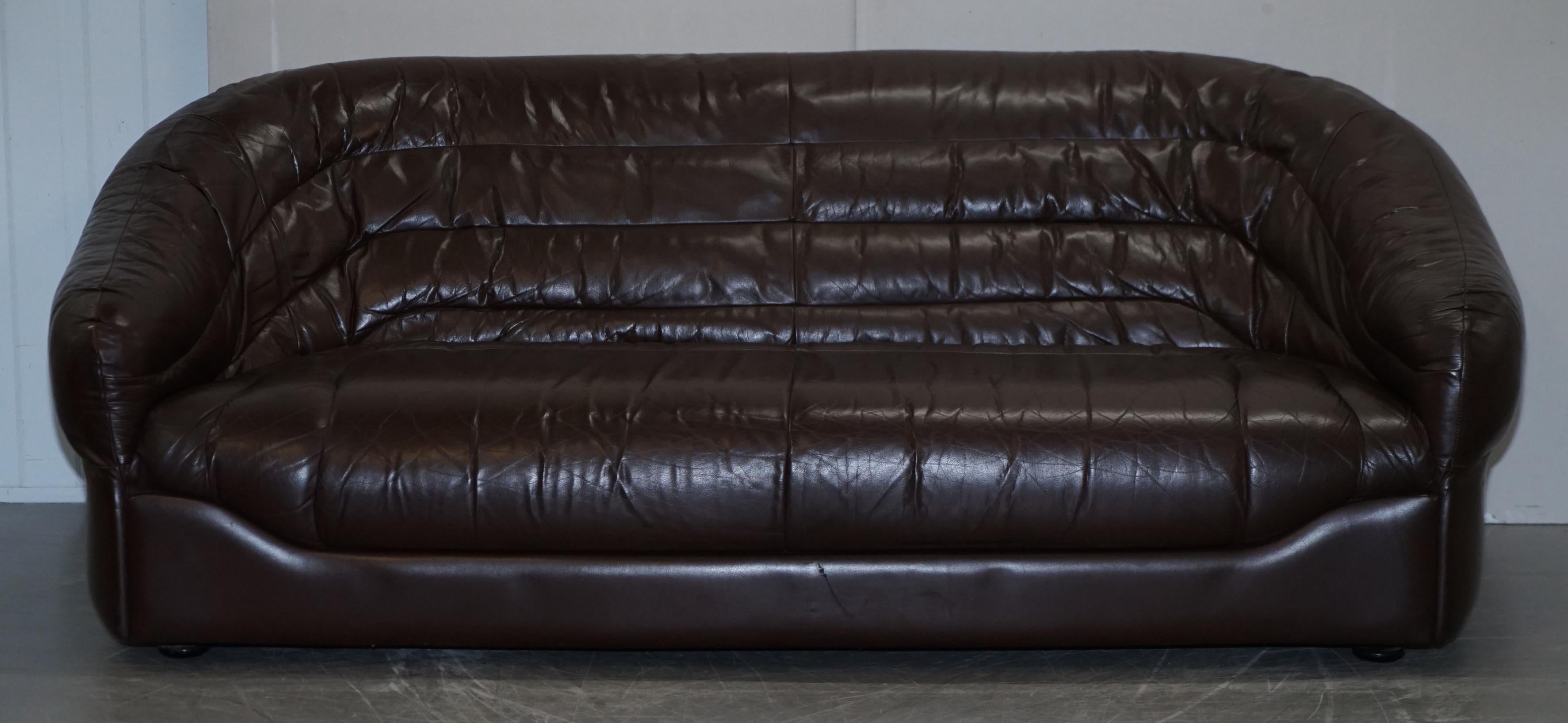 Vintage Mid-Century Modern Danish Style Brown Leather Sofa & Armchair Suite 11