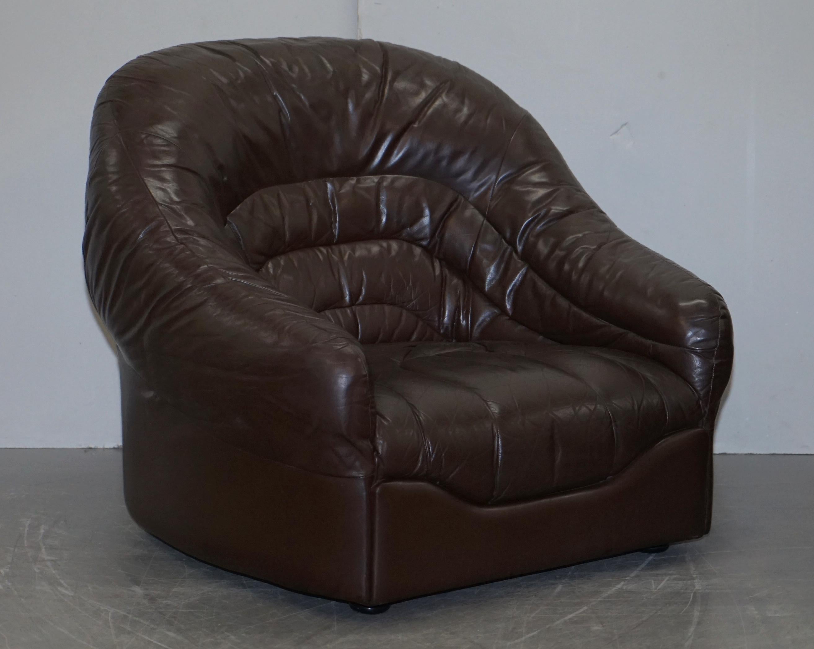 Hand-Crafted Vintage Mid-Century Modern Danish Style Brown Leather Sofa & Armchair Suite