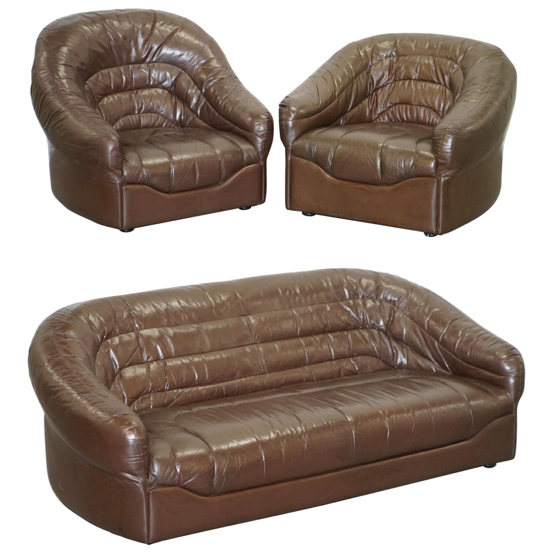 Vintage Mid-Century Modern Danish Style Brown Leather Sofa & Armchair Suite
