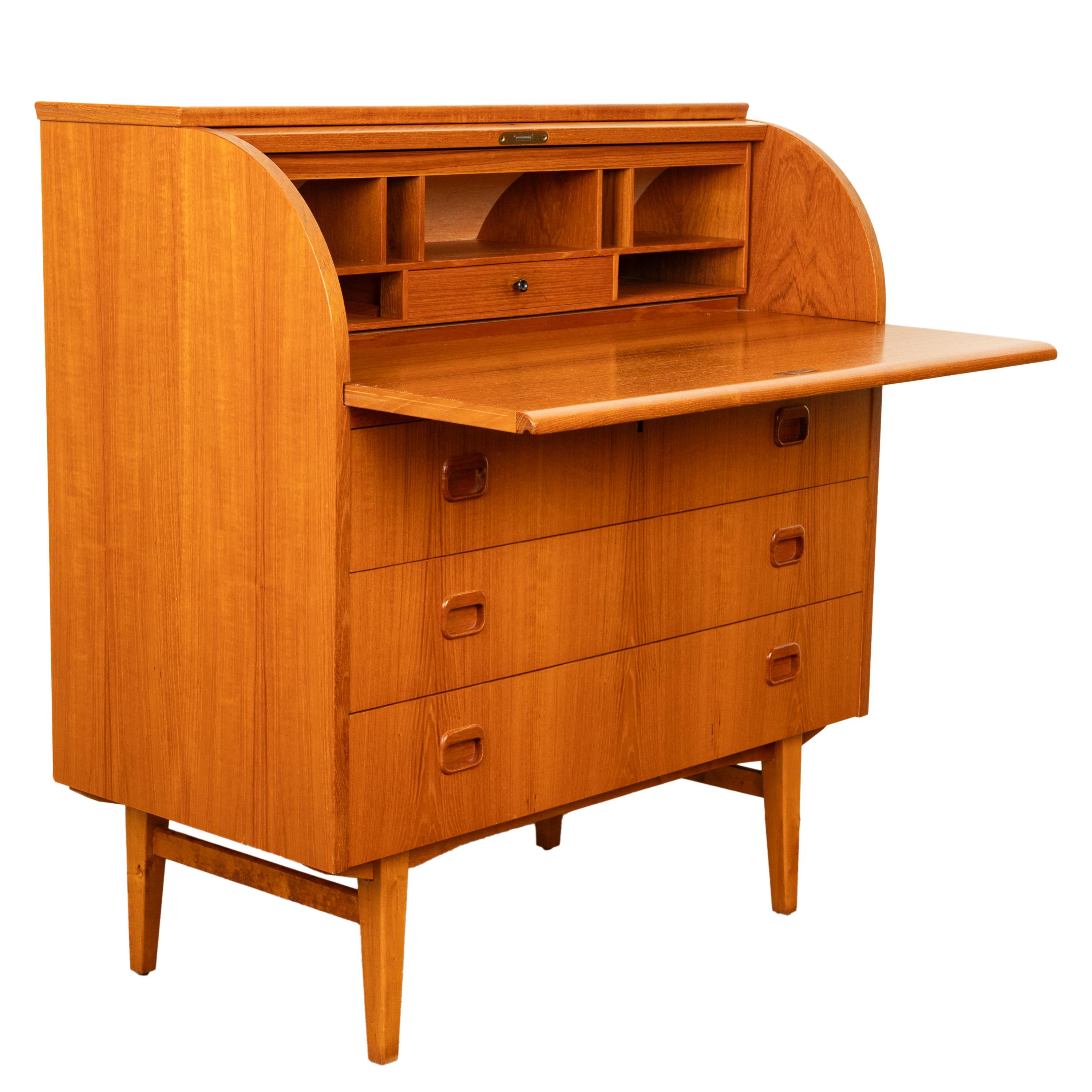 Mid-Century Modern Vintage Mid Century Modern Danish Style Teak Roll Top Cylinder Desk Bureau 1968