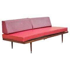 Vintage Mid-Century Modern Danish Style Walnut Sofa Daybed with Red Cushions