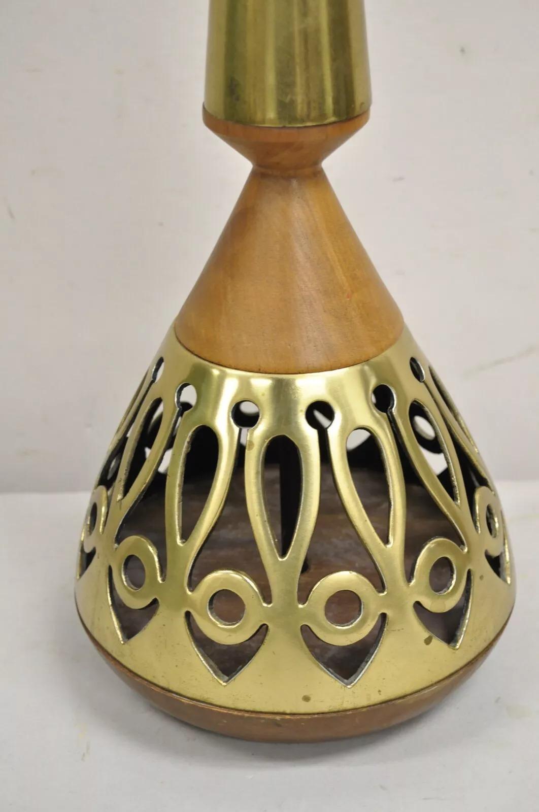Mid-Century Modern Vintage Mid Century Modern Danish Teak Wood & Brass Fretwork Tall Table Lamp For Sale