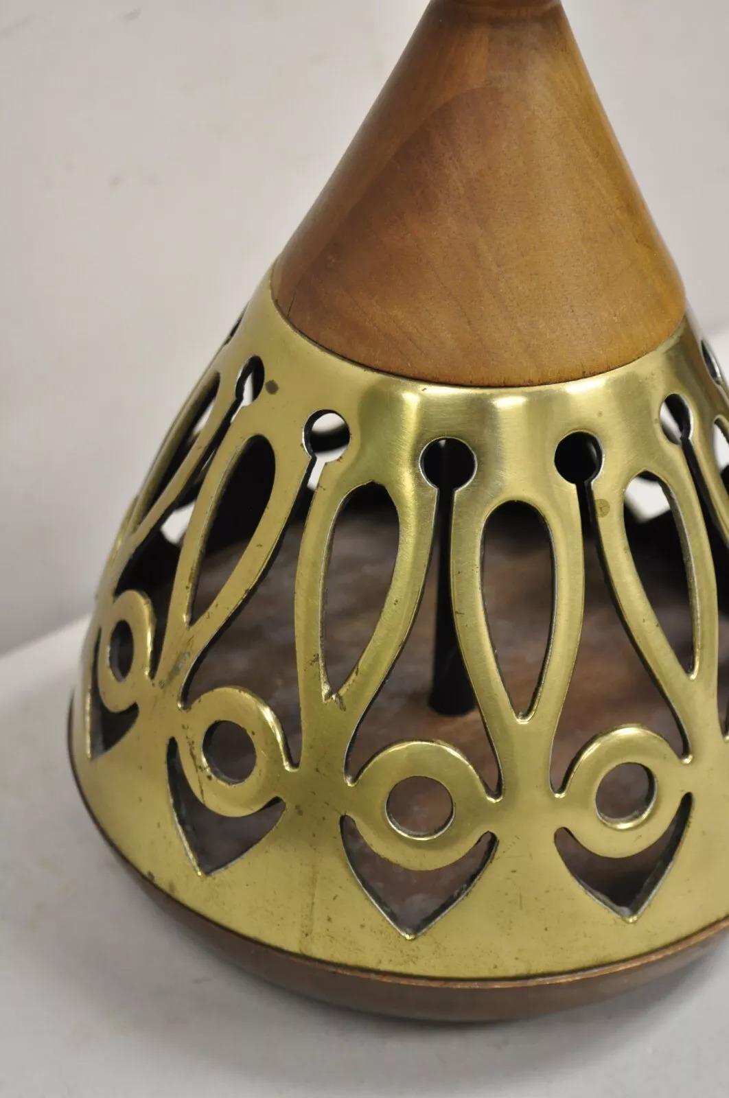 Vintage Mid Century Modern Danish Teak Wood & Brass Fretwork Tall Table Lamp For Sale 1