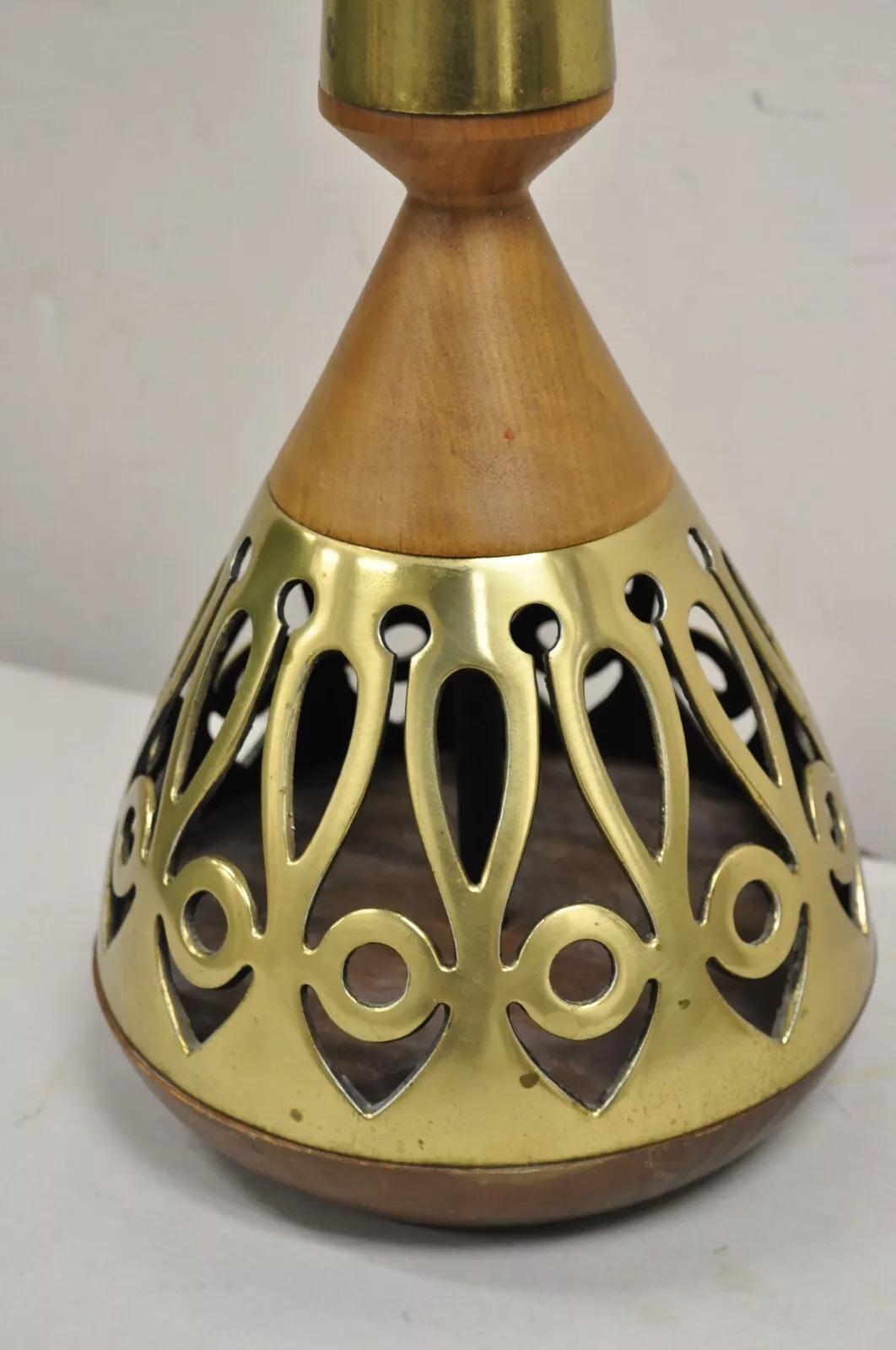 Vintage Mid Century Modern Danish Teak Wood & Brass Fretwork Tall Table Lamp For Sale 3