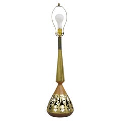 Vintage Mid Century Modern Danish Teak Wood & Brass Fretwork Tall Table Lamp