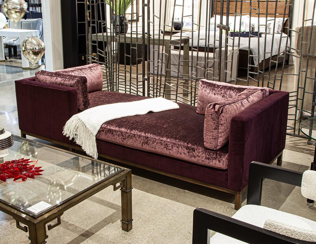 Introducing our Vintage Mid-Century Modern Daybed Sofa Lounger, a stunning piece that encapsulates the elegance of 1970s design. Meticulously restored, this sofa features all-new upholstery in luxurious contrasting velvets of light and dark plum