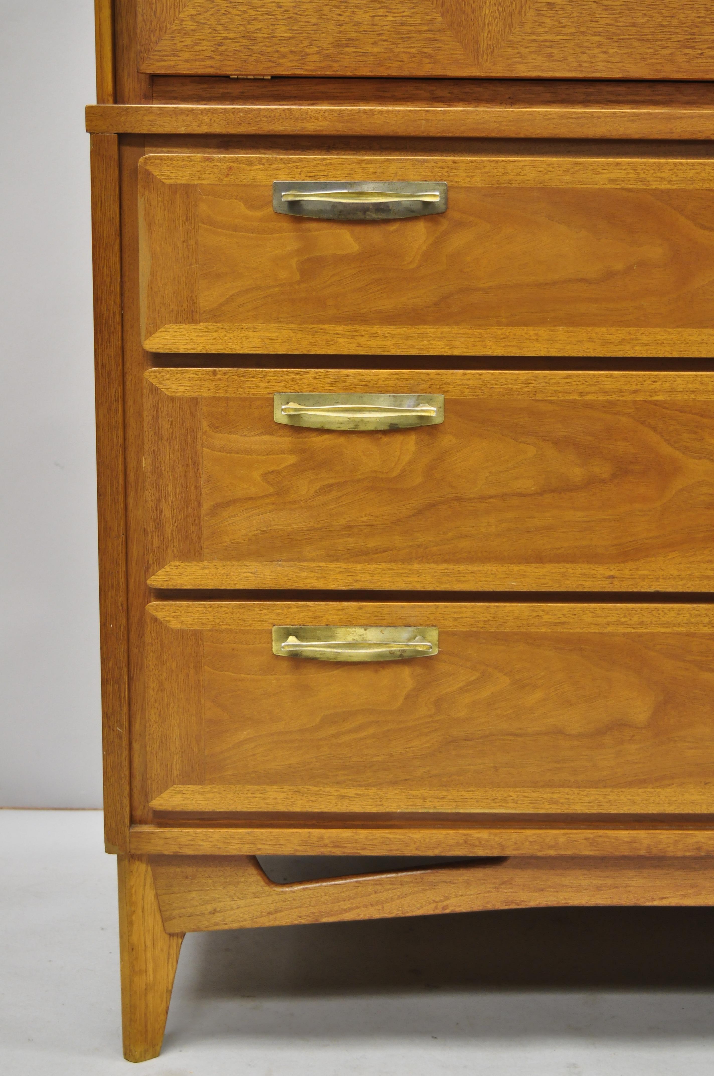 Vintage Mid-Century Modern Diamond Inlay Walnut Chest Dresser by Red Lion 1
