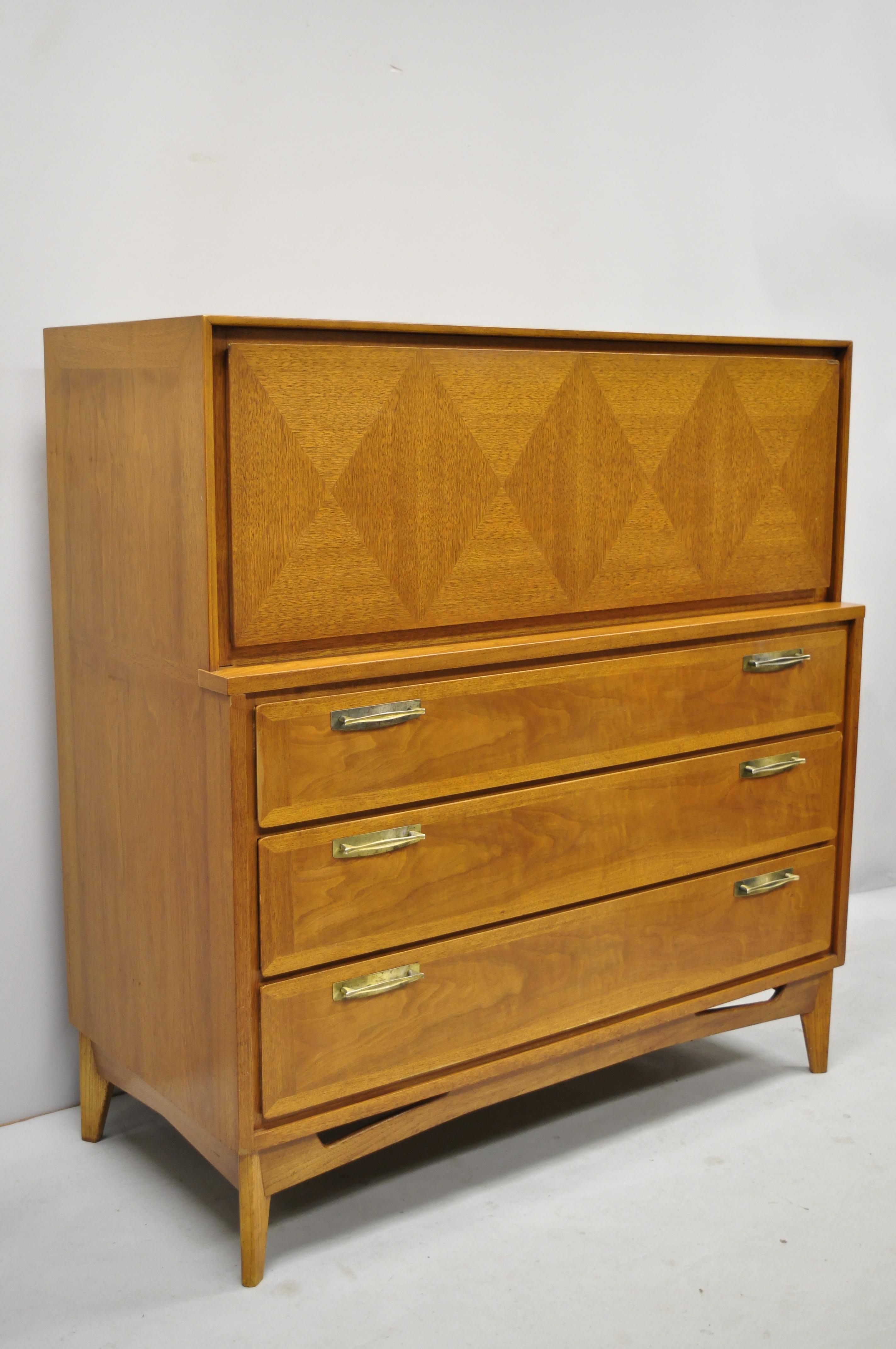 Vintage Mid-Century Modern Diamond Inlay Walnut Chest Dresser by Red Lion 3