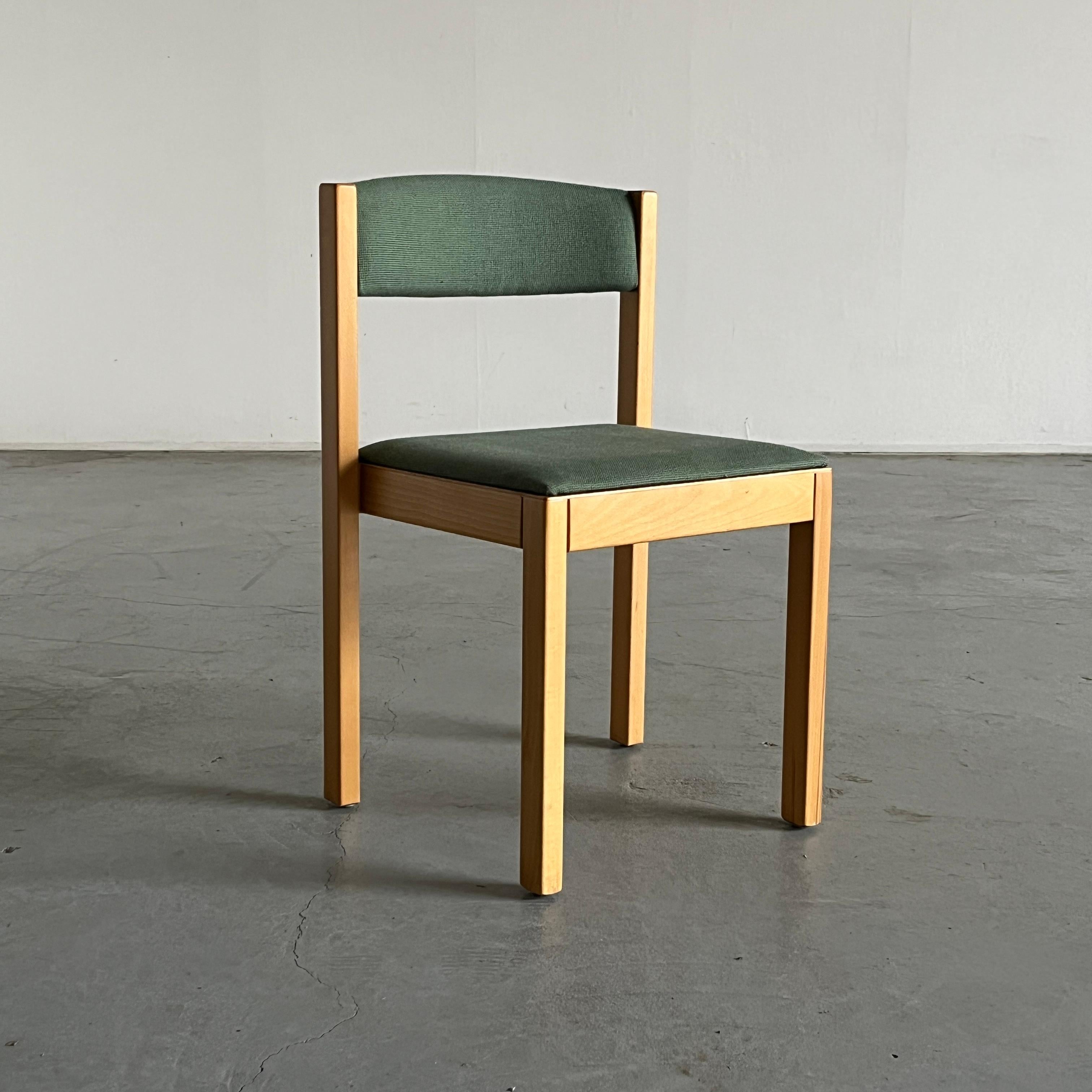 Mid-century modern dining chair by the well known Austrian manufacturer Wiesner Hager. In light green upholstery with wooden frames.

Produced in Austria in the 1980s.

Overall in good vintage condition, with minimal expected signs of wear.

Sold