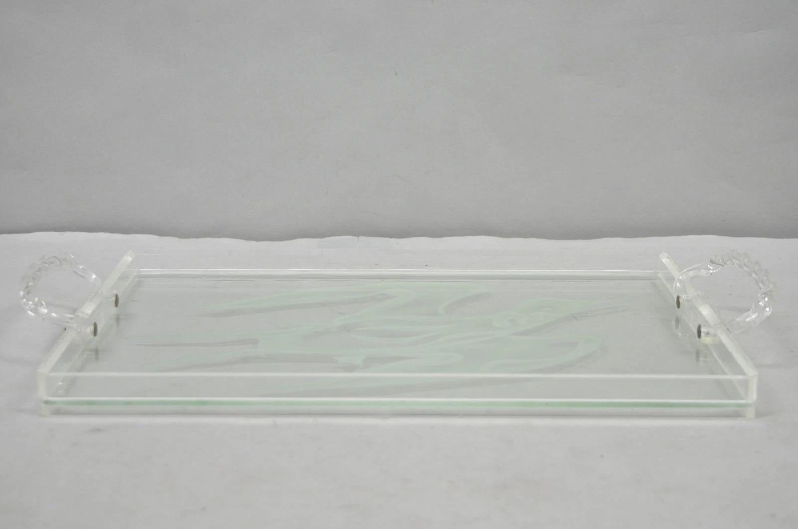 Vintage Mid Century Modern Dorothy Thorpe Style Etched Glass Bird Acrylic Tray For Sale 1