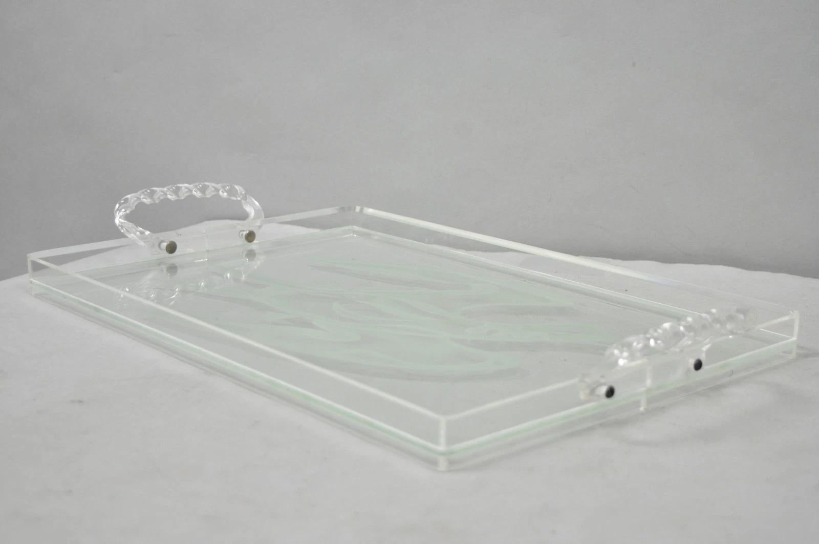 Vintage Mid Century Modern Dorothy Thorpe Style Etched Glass Bird Acrylic Tray For Sale 2