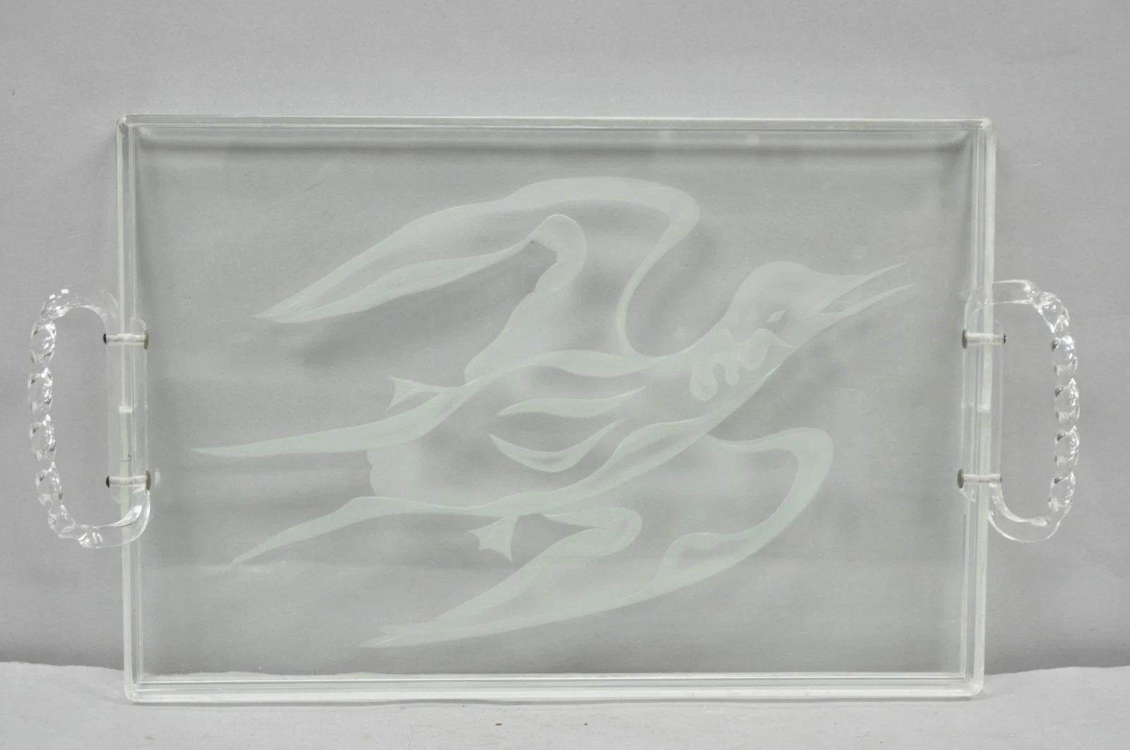 Vintage Mid Century Modern Dorothy Thorpe Style Etched Glass Bird Acrylic Tray For Sale 4