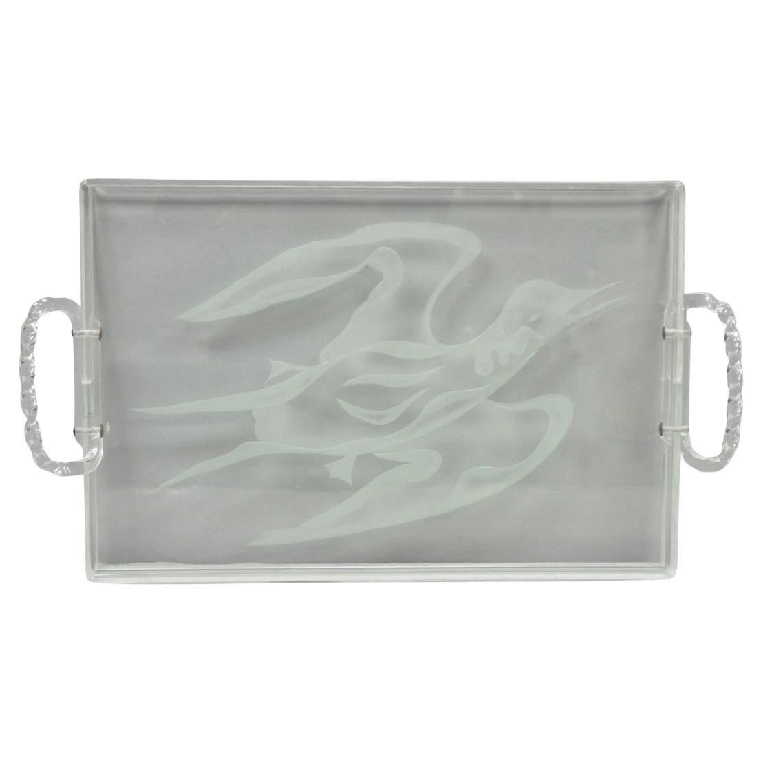 Vintage Mid Century Modern Dorothy Thorpe Style Etched Glass Bird Acrylic Tray For Sale