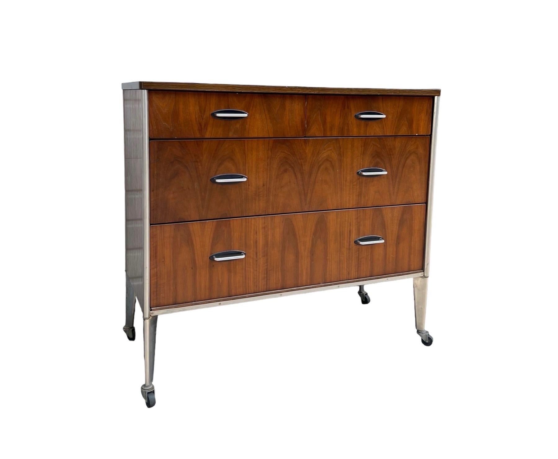 Mid-Century Modern Vintage Mid Century Modern Dresser By Raymond Loewy For Hill Rom Walnut Casters  For Sale