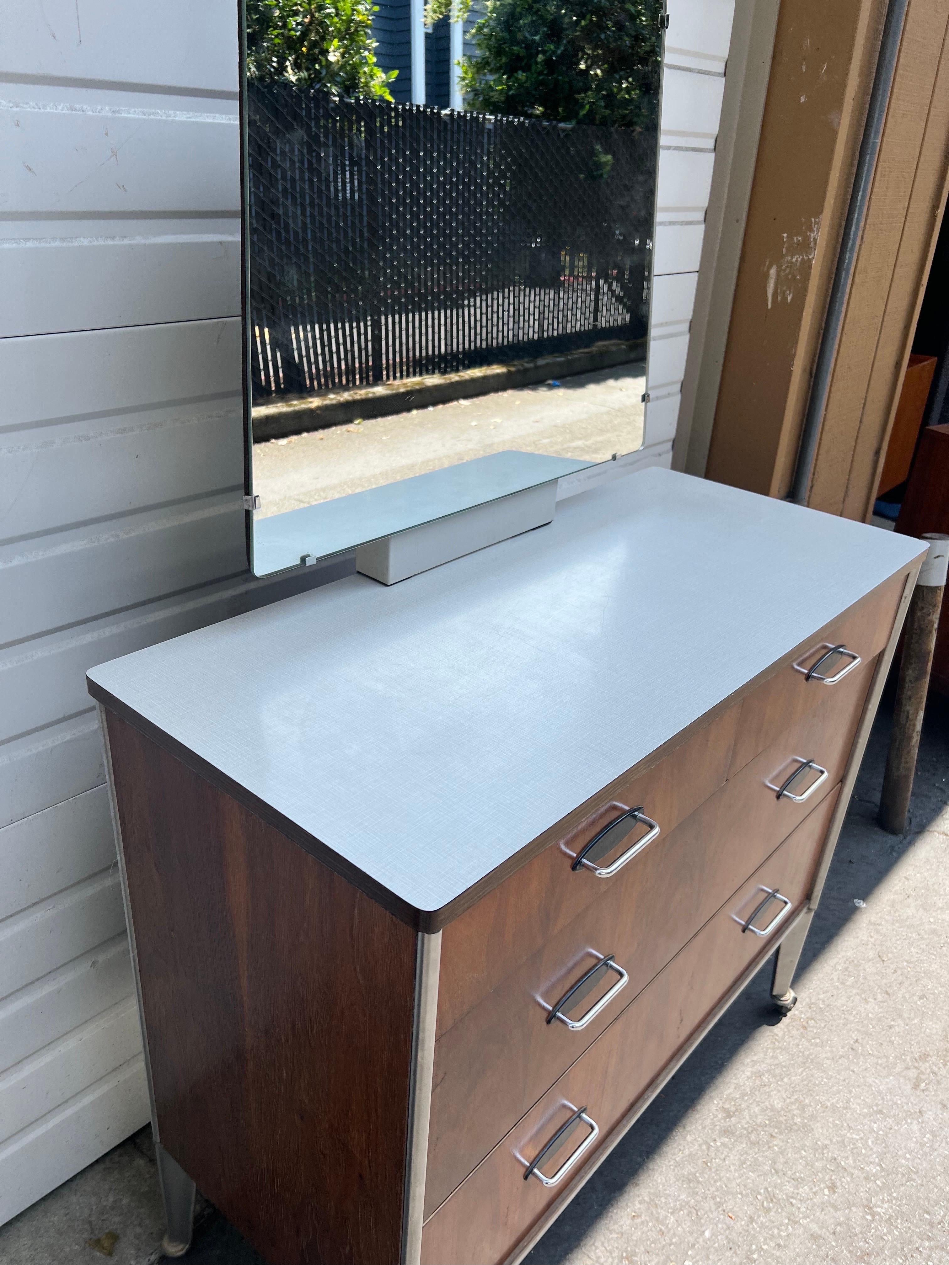 Late 20th Century Vintage Mid Century Modern Dresser By Raymond Loewy For Hill Rom Walnut Casters For Sale