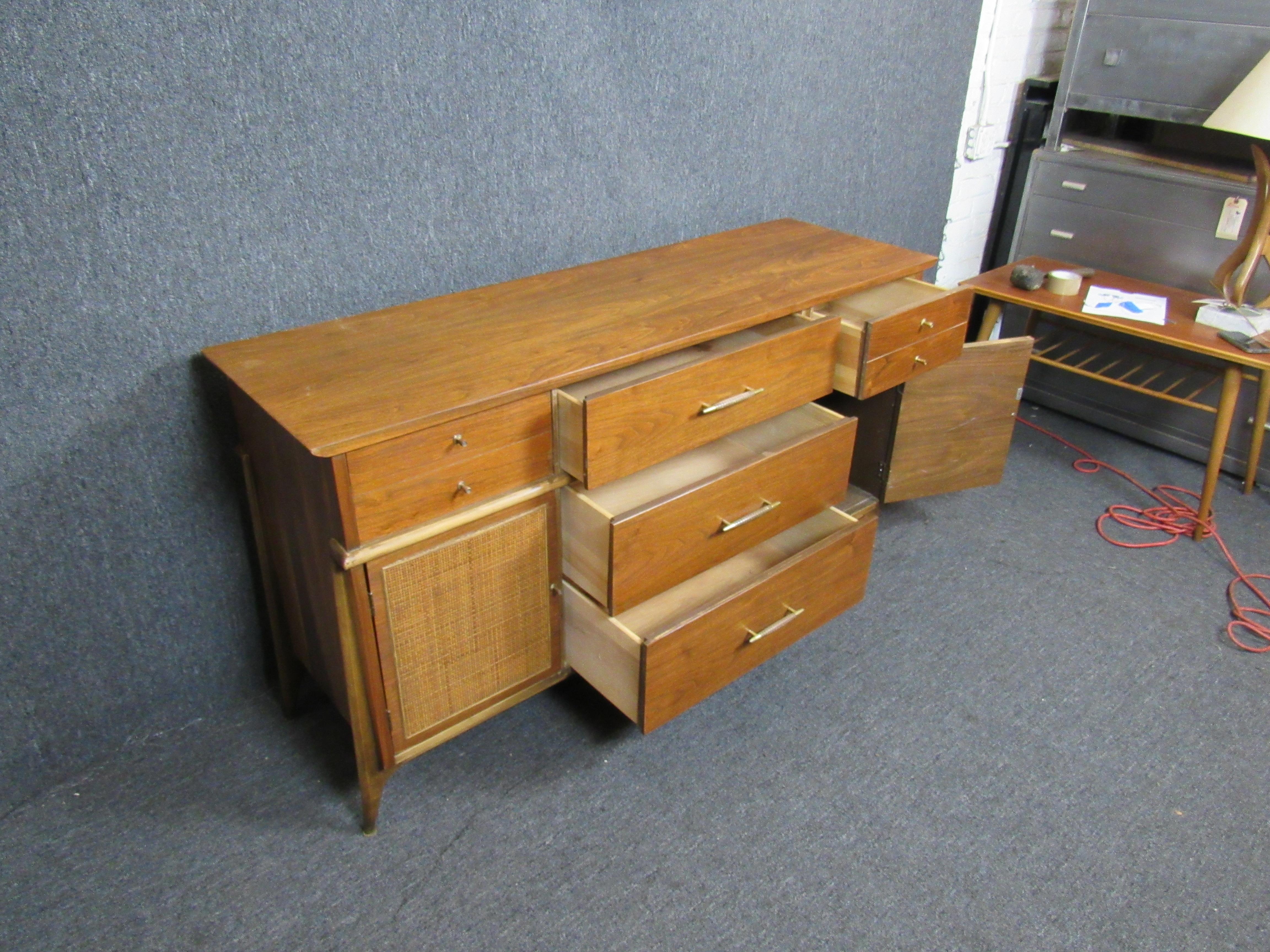 Brass Mid-Century Walnut & Cane Sideboard by Modernage Furniture For Sale