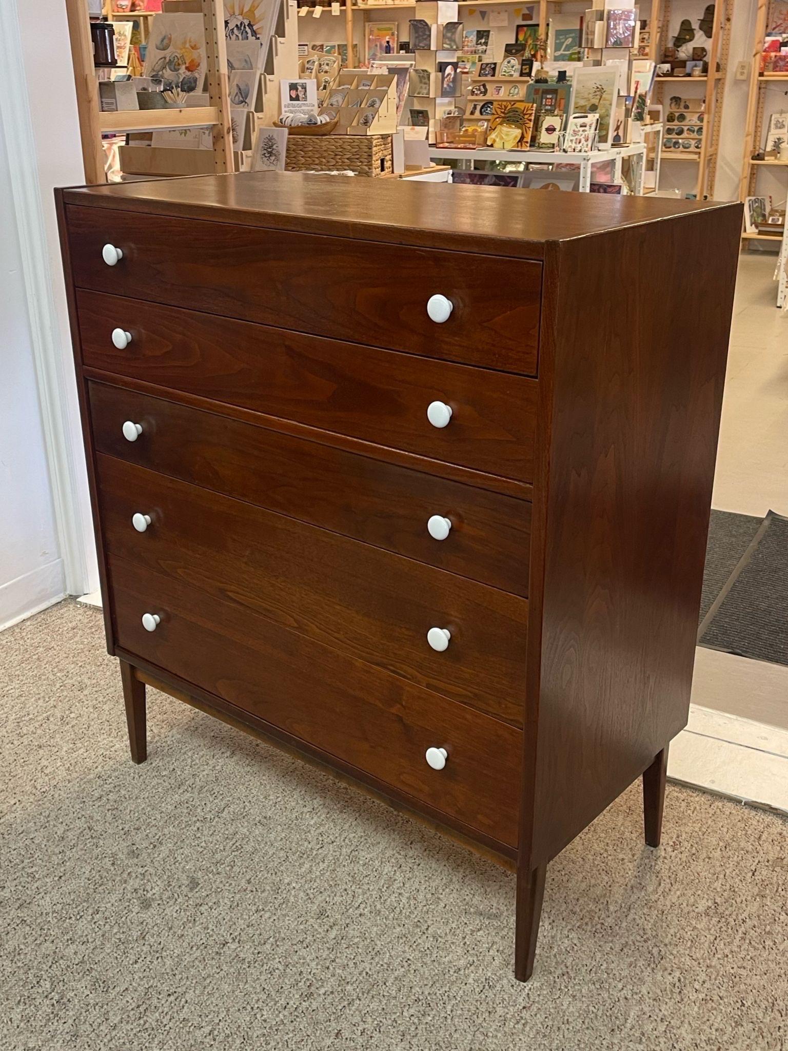 Mid-Century Modern Vintage Mid Century Modern Drexel Style Tall Walnut Toned Five Drawer Dresser. For Sale