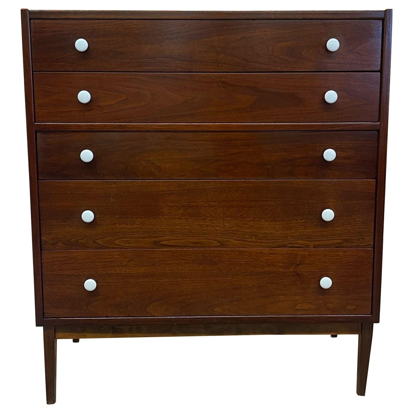 Vintage Mid Century Modern Drexel Style Tall Walnut Toned Five Drawer Dresser.
