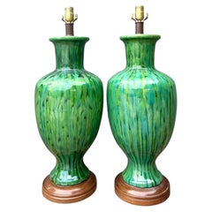 Pareja de lámparas de cerámica esmaltada vintage de mediados de siglo