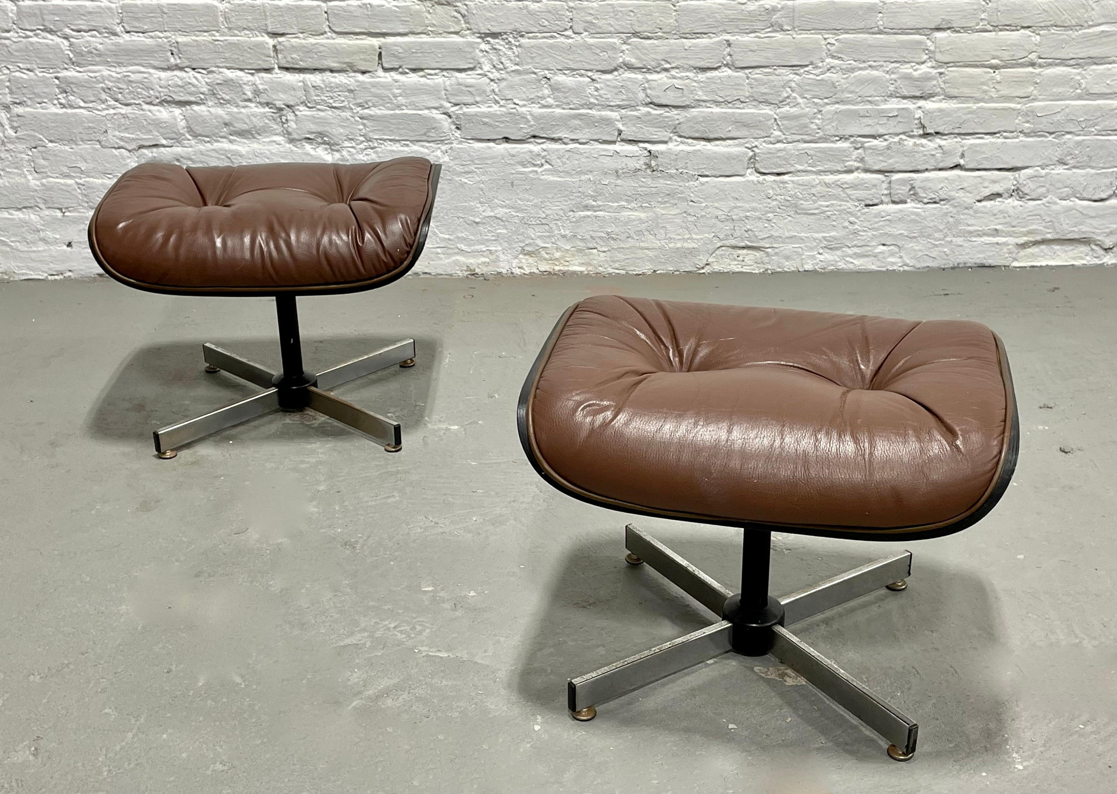Mid Century Modern Brown tufted ottomans / footstools, a pair. This is perfect if you have an Eames style lounge chair and need a matching ottoman. Each ottoman is perfectly tufted with just some light wear from age and use. Would also work well at