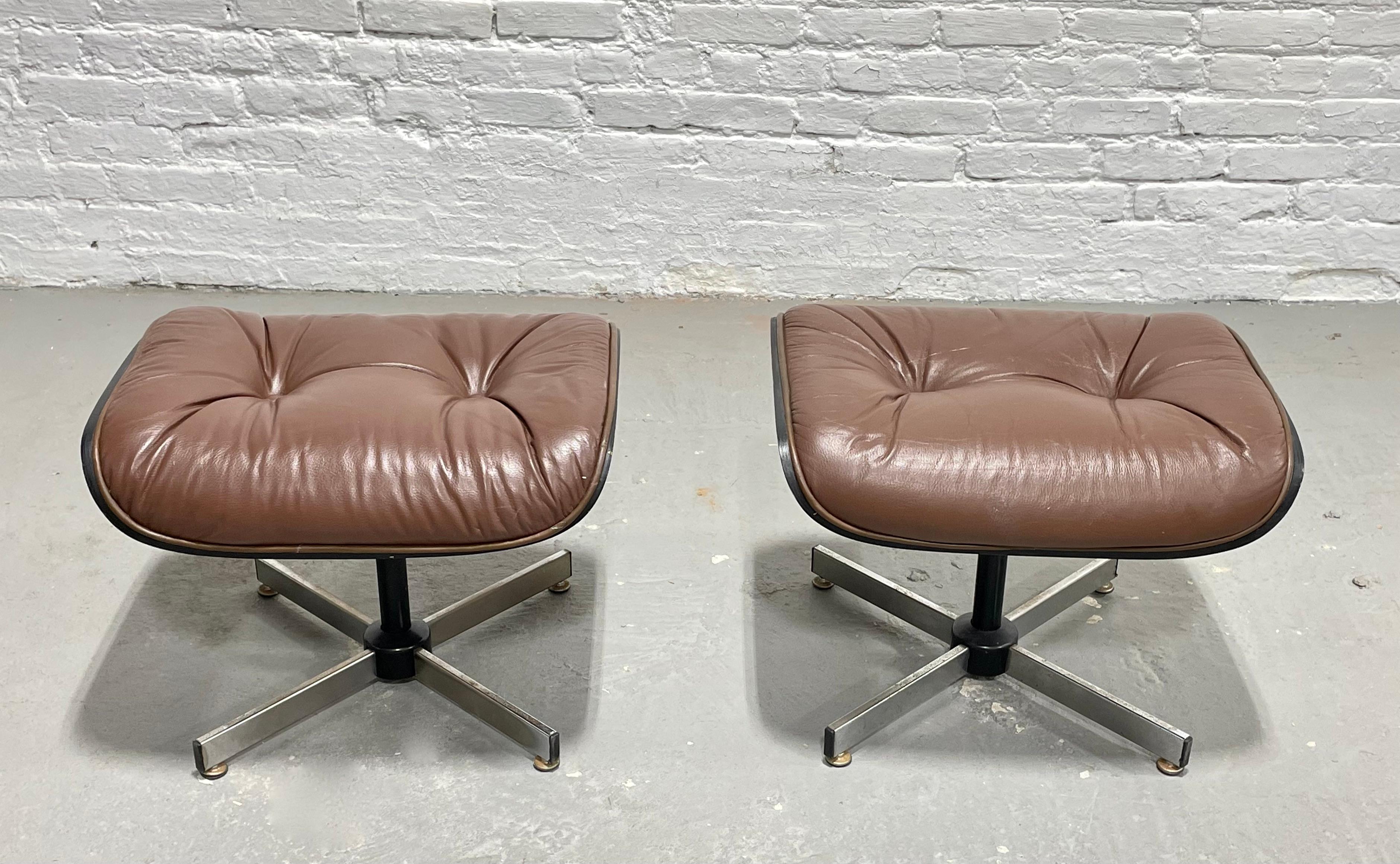 Chrome Vintage Mid Century MODERN Brown OTTOMANS / Footstools, a Pair For Sale