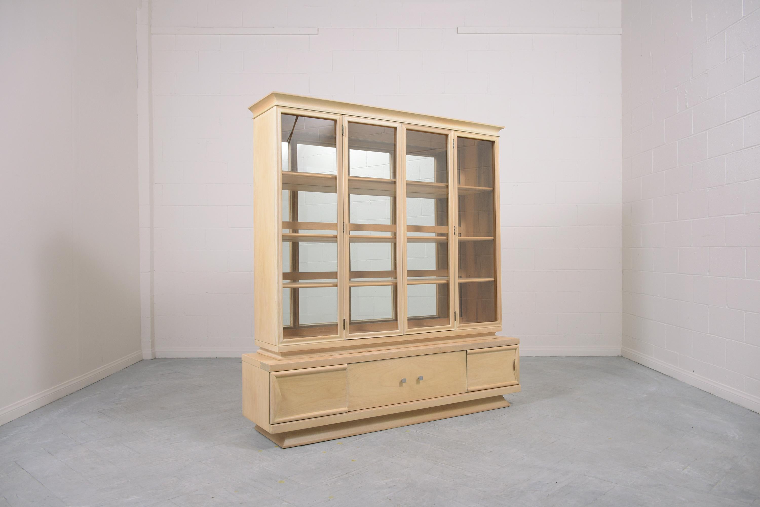 1960s Mid-Century Ash Wood Cabinet with White-Washed Finish & Glass Doors In Good Condition For Sale In Los Angeles, CA