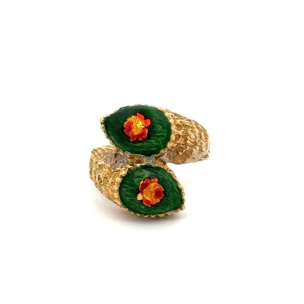Simply Beautiful! Vintage 'Toi et Moi' Flower Crossover Green and Red Flower Bypass Diamond Gold Ring. Hand crafted Brushed 18K Yellow Gold mounting. Ring size: 7, we offer ring resizing. Circa 1960s. More Beautiful in Real time!. In excellent